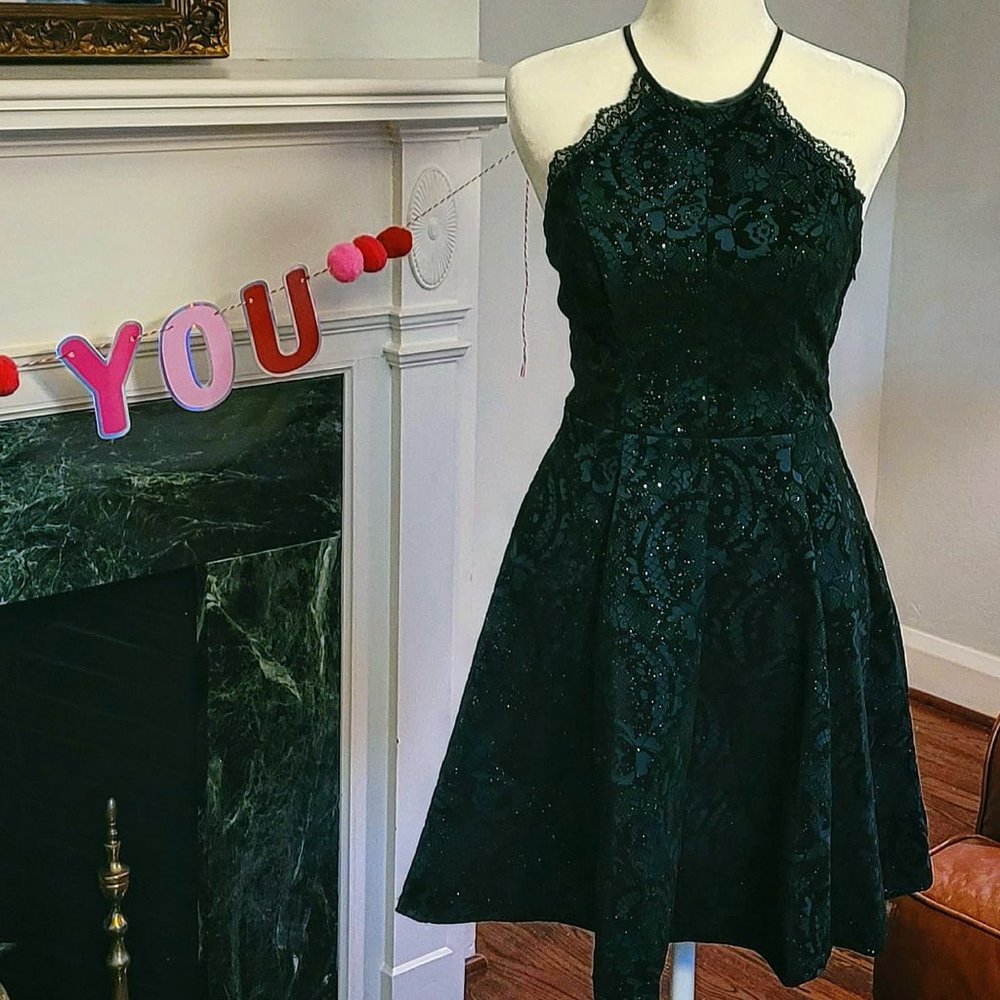 Glitter Brocade Cocktail Halter Party Dress in Deep Green and Black Lace